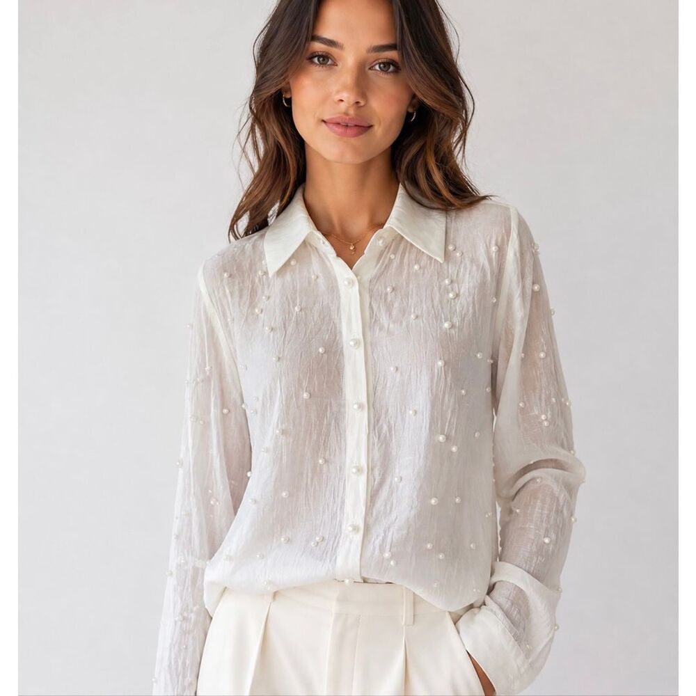 Bailey 44 Top Blouse Button Front Faux‎ Pearl Studded Sheer Ivory Large